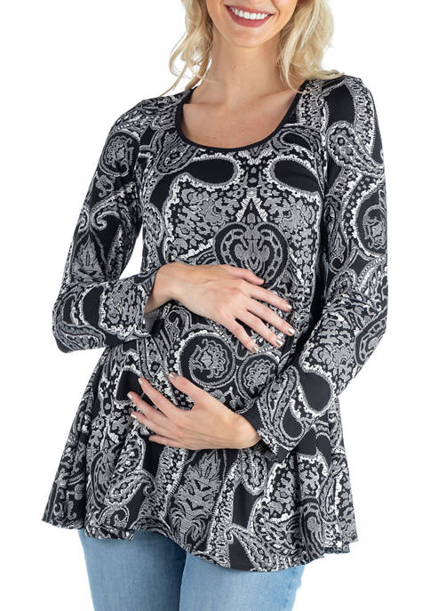 24seven Comfort Apparel Maternity Black Paisley Long Sleeve