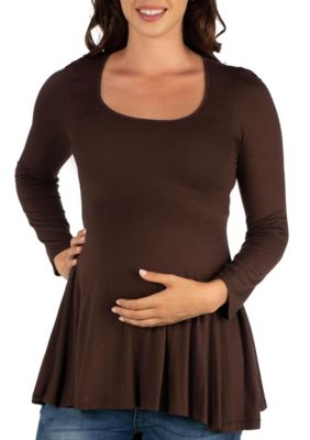 24seven Comfort Apparel Women's Long Sleeve Solid Color Swing Style Flared Maternity Tunic Top