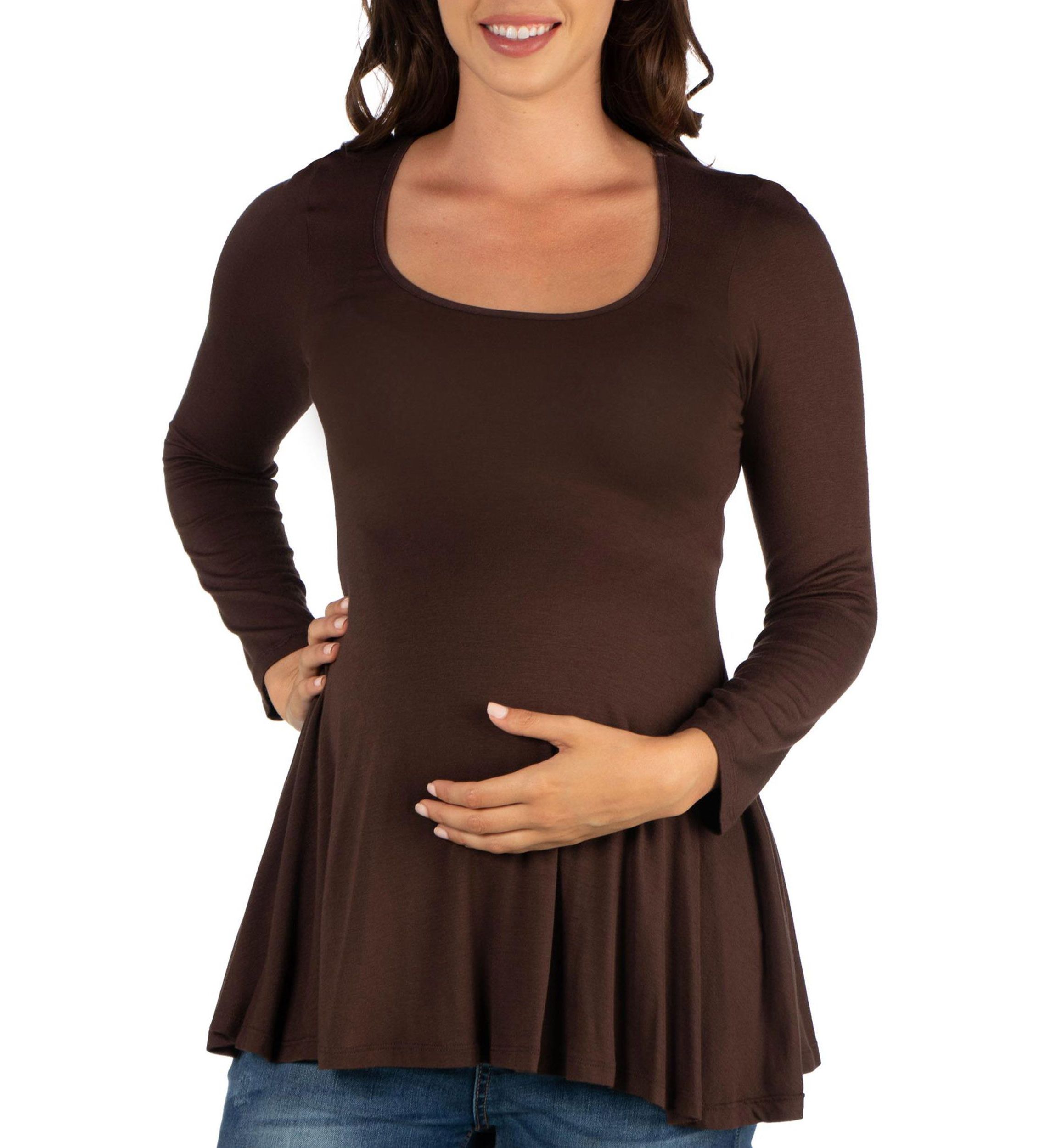 Long Sleeve Solid Color Swing Style Flared Maternity Tunic Top