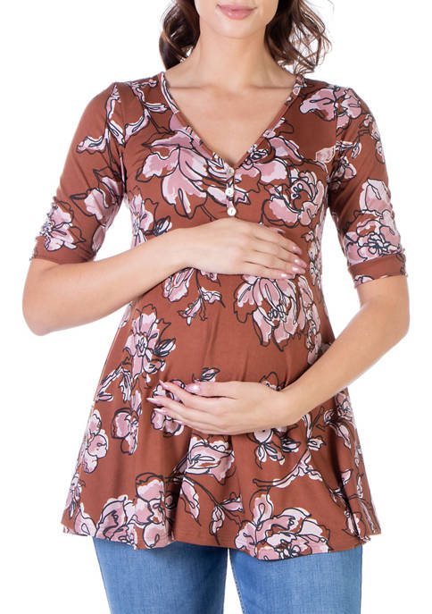 24seven Comfort Apparel Maternity Brown Floral Elbow Sleeve