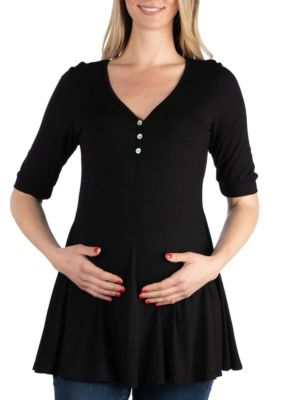 24seven Comfort Apparel Women's Quarter Sleeve Maternity Tunic Top with Button Detail