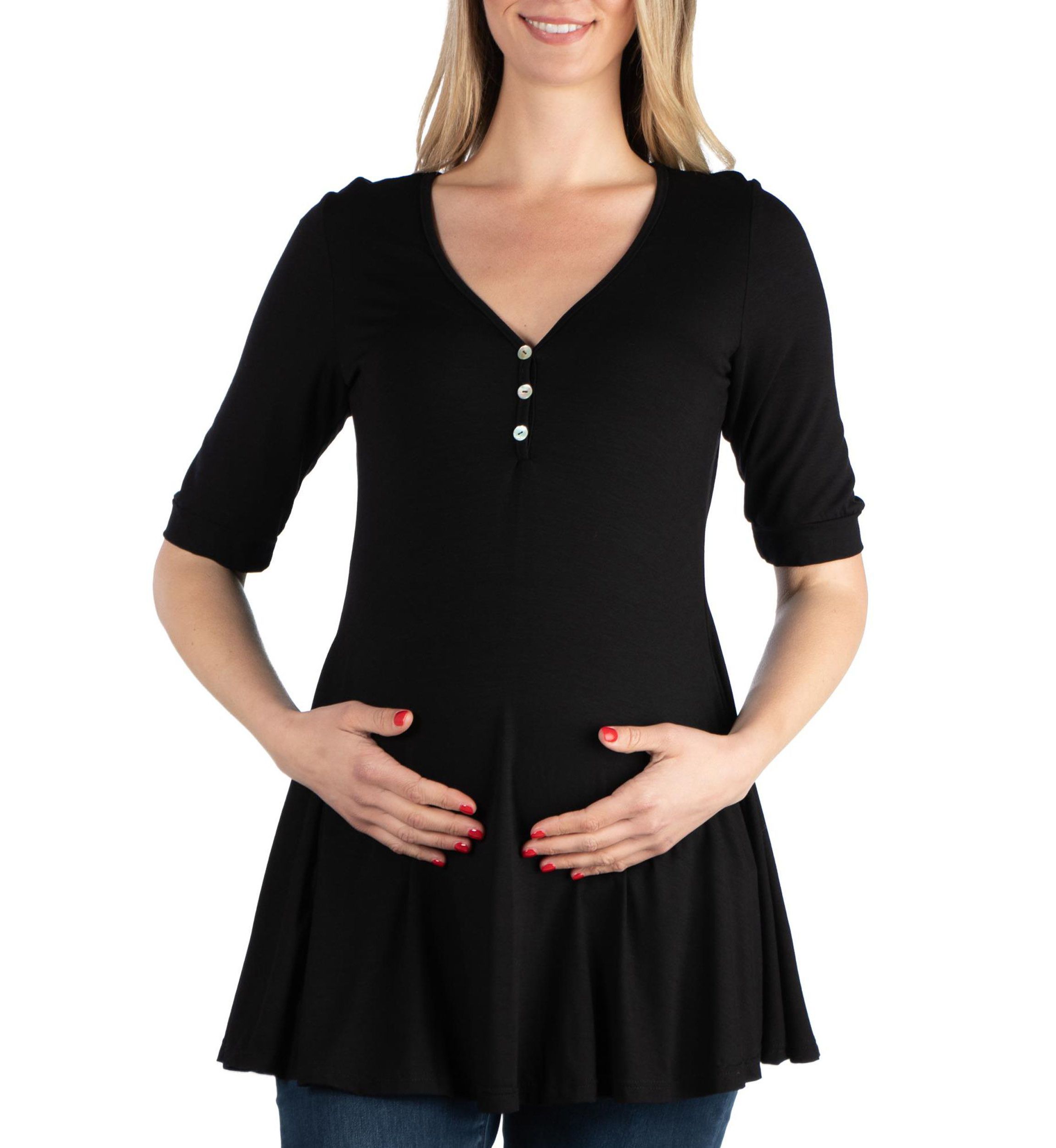 Quarter Sleeve Maternity Tunic Top with Button Detail