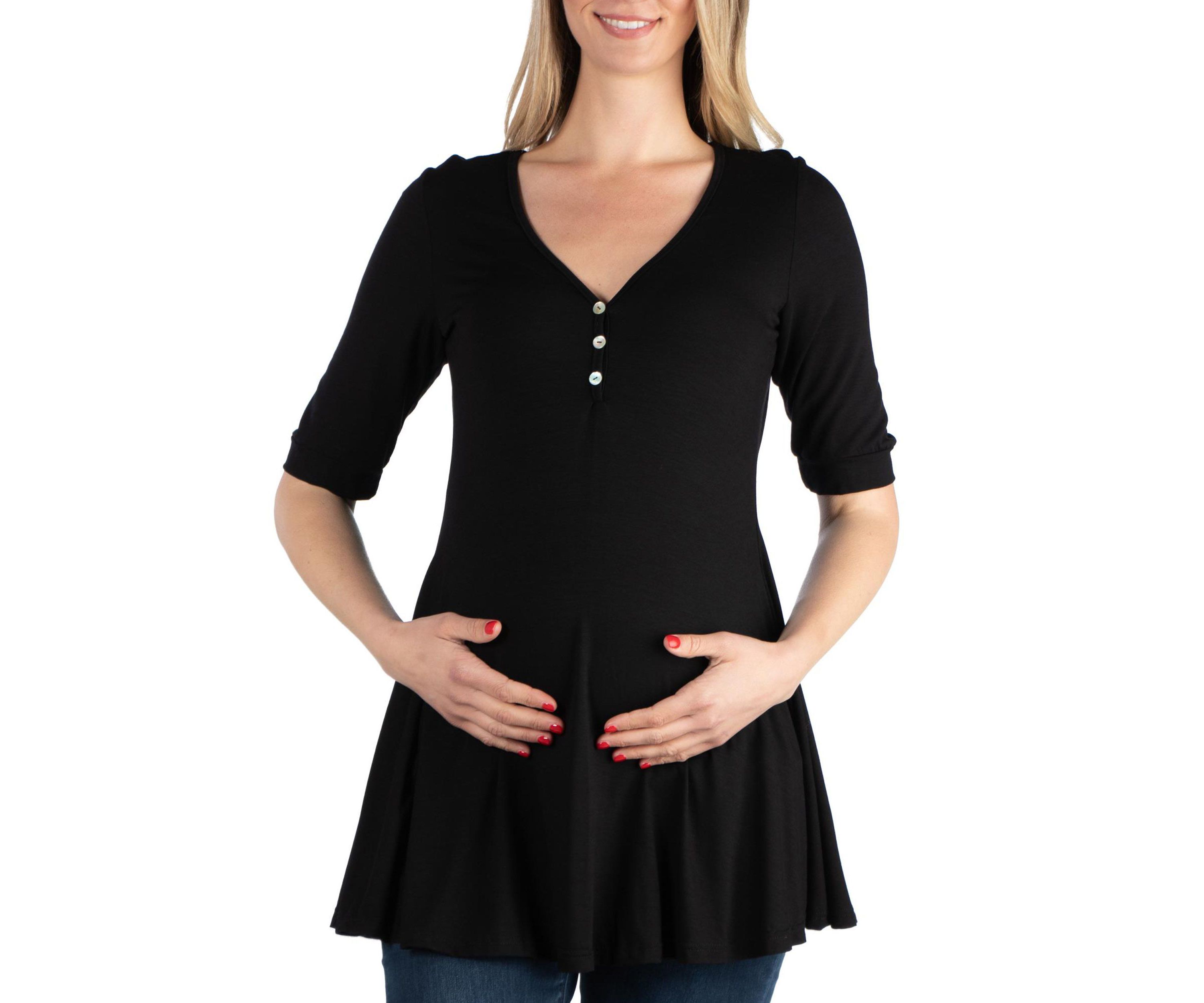 Quarter Sleeve Maternity Tunic Top with Button Detail