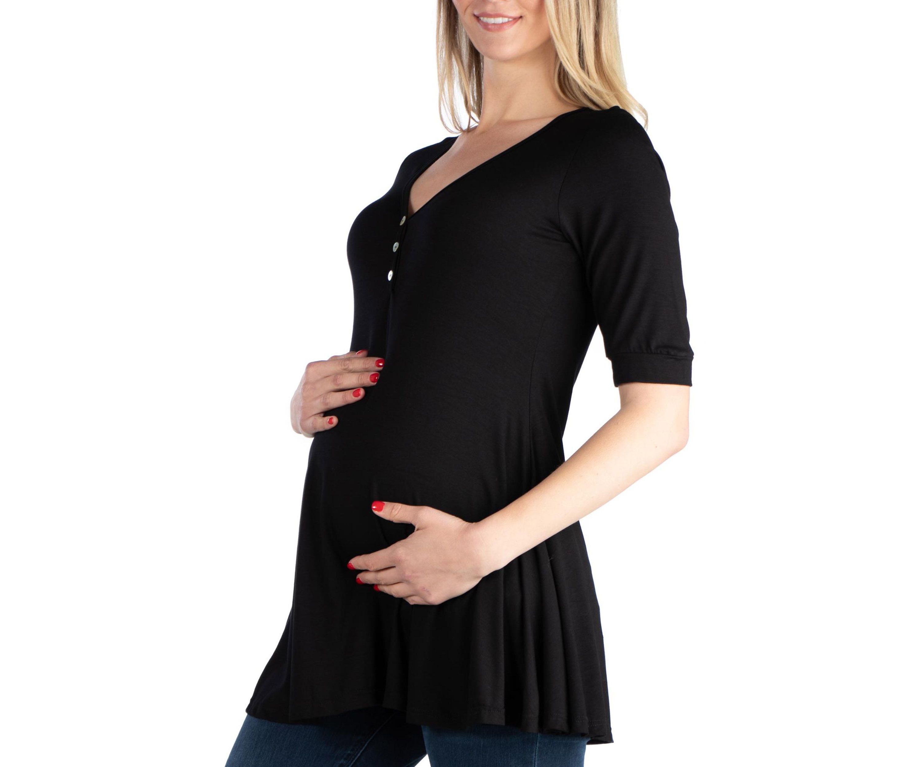 Quarter Sleeve Maternity Tunic Top with Button Detail