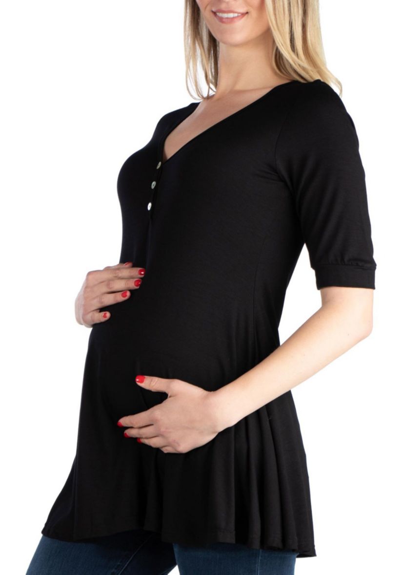 Quarter Sleeve Maternity Tunic Top with Button Detail