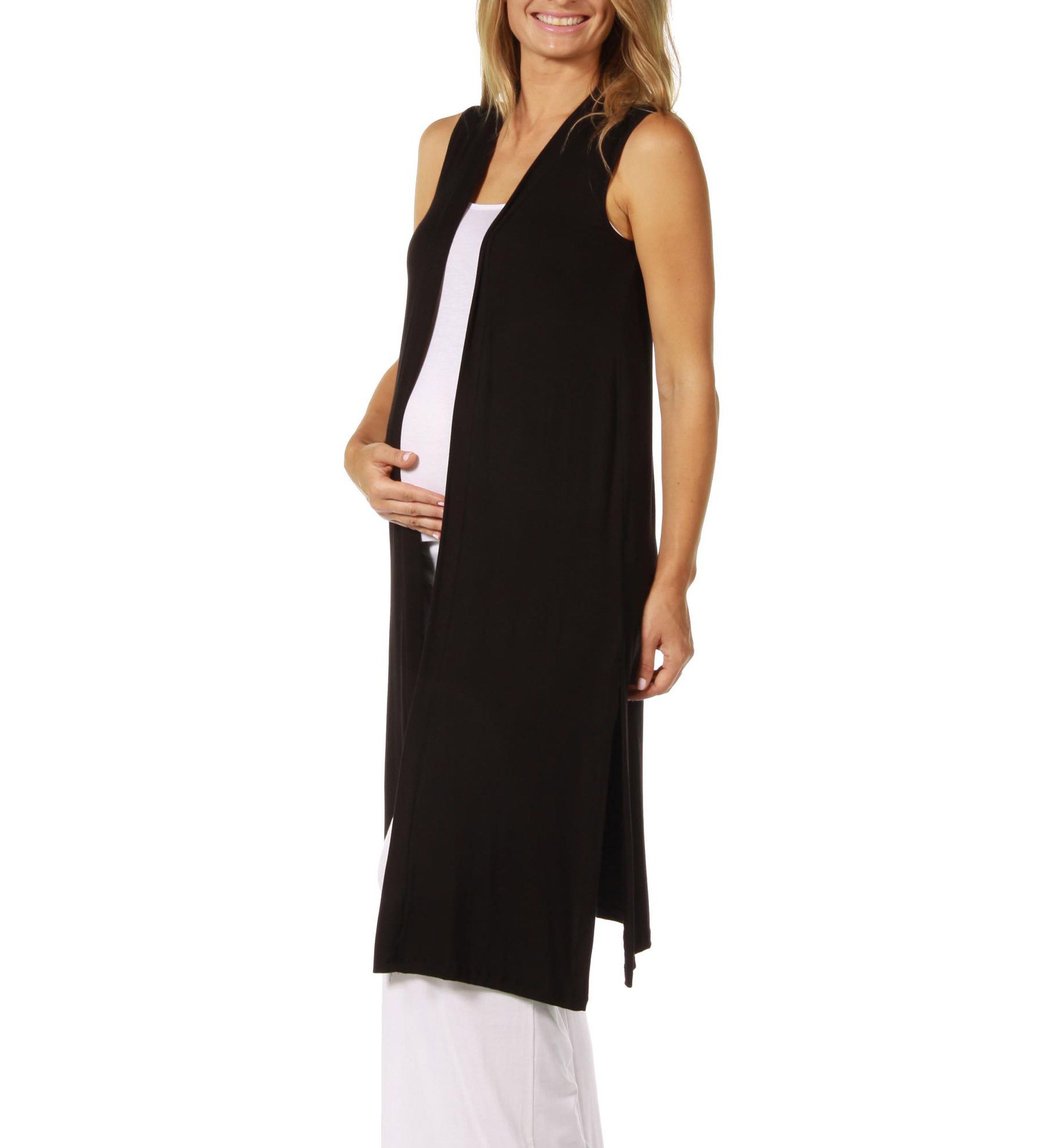 Sleeveless Long Maternity Cardigan with Side Slit