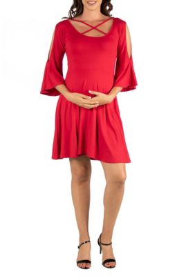 24seven Comfort Apparel Women’s Maternity Knee Length Cold Shoulder Dress, Red, Medium