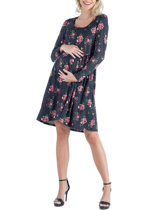 24seven Comfort Apparel Maternity Black Floral Knee Length