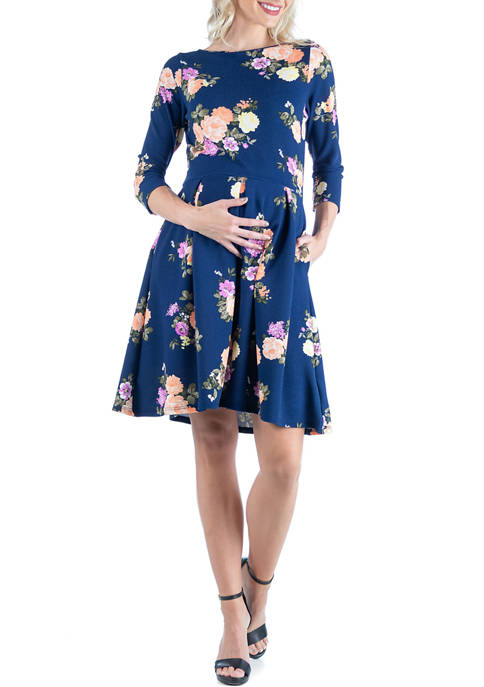 24seven Comfort Apparel Maternity Floral Navy Knee Length