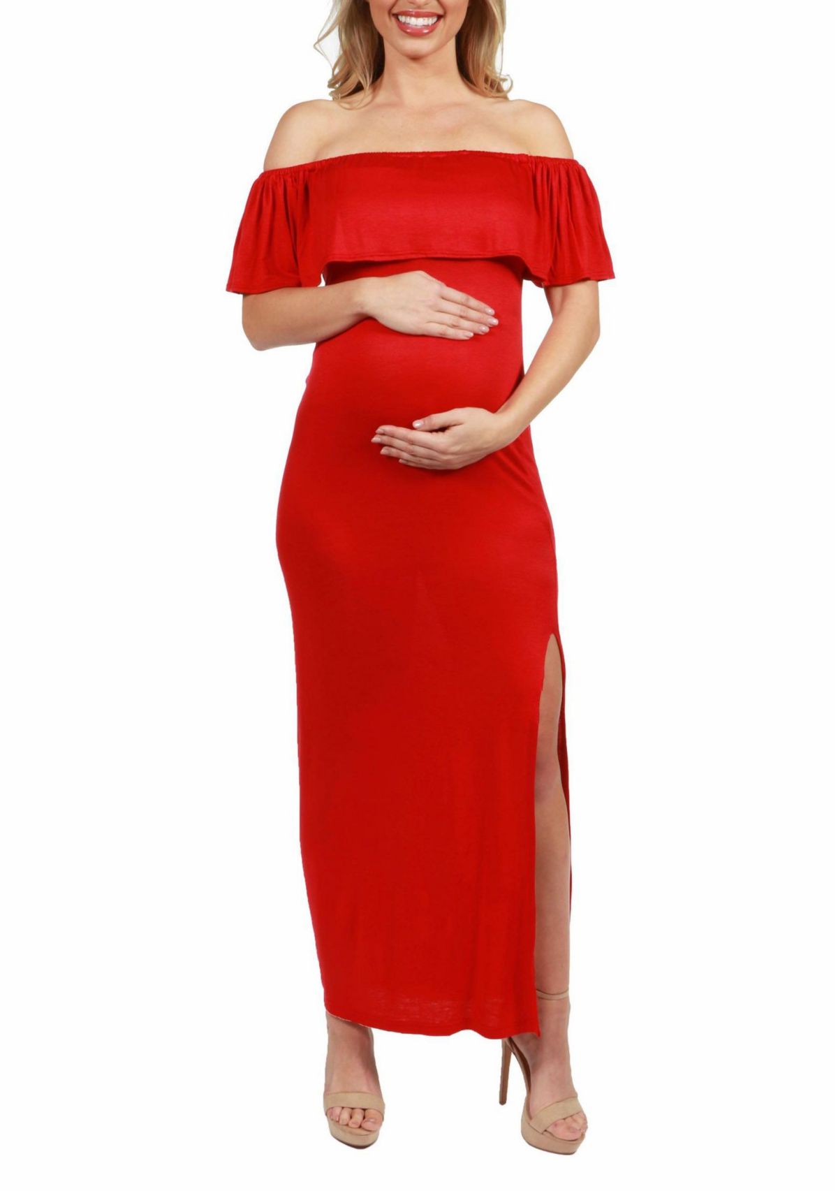 Off Shoulder Ruffle Detail Maternity Maxi Dress