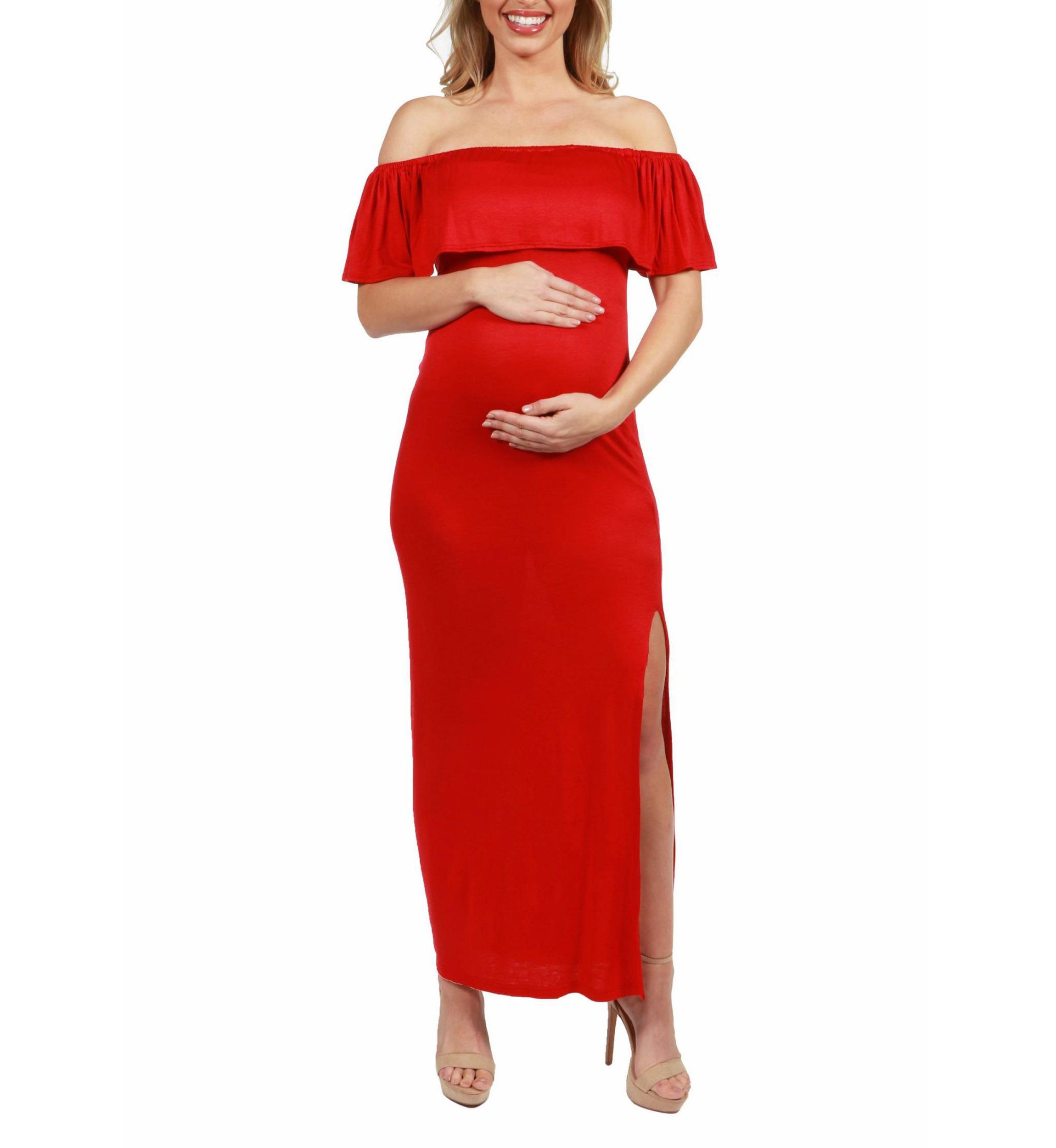 Off Shoulder Ruffle Detail Maternity Maxi Dress