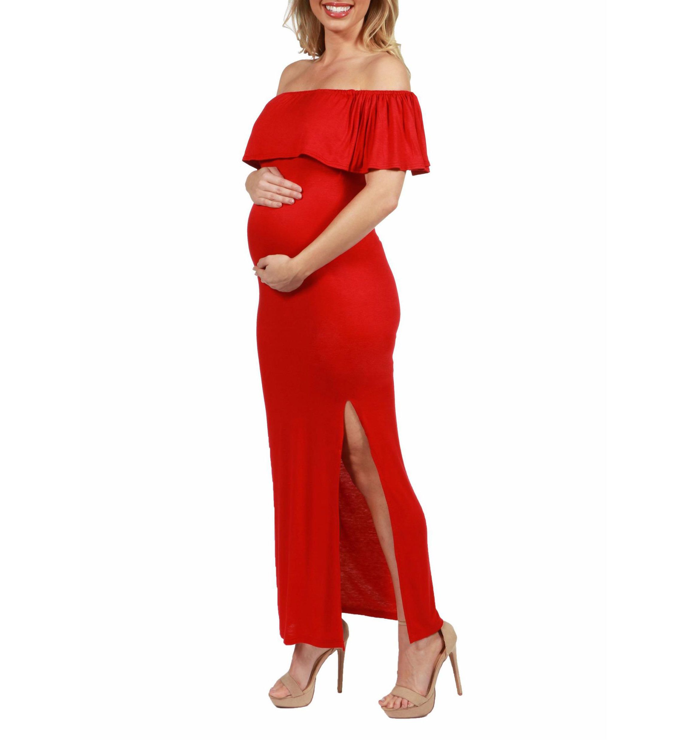 Off Shoulder Ruffle Detail Maternity Maxi Dress