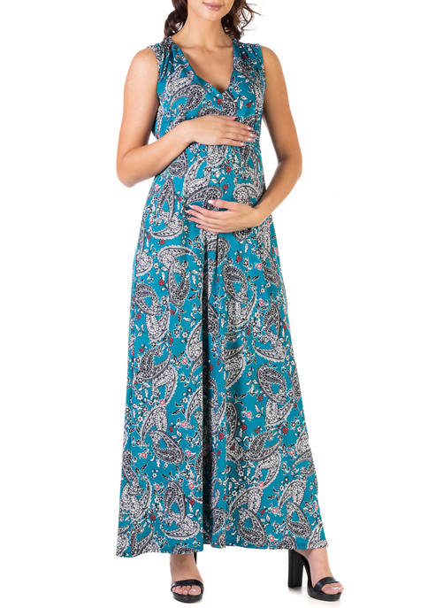 Maternity Teal Sleeveless V-Neck Loose Long Maxi Casual Dress