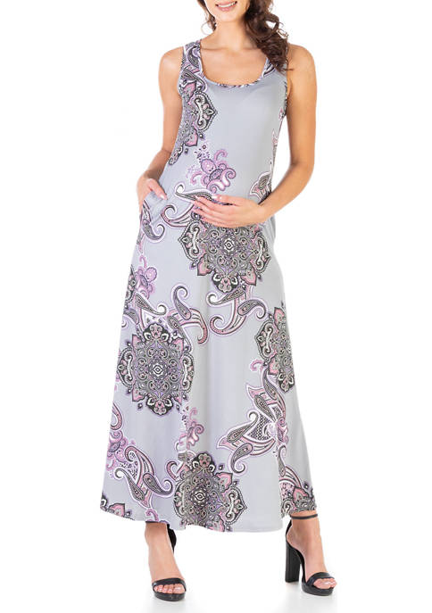 Maternity Lilac Print Sleeveless Casual Pocket Maxi Dress