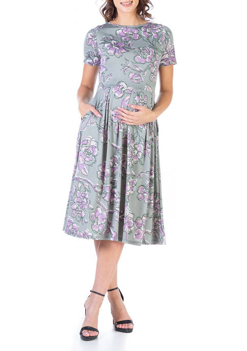 24seven Comfort Apparel Maternity Floral Pleated Fit and