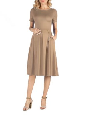 24seven Comfort Apparel Women's Maternity Midi Dress with Short Sleeve and Pocket Detail