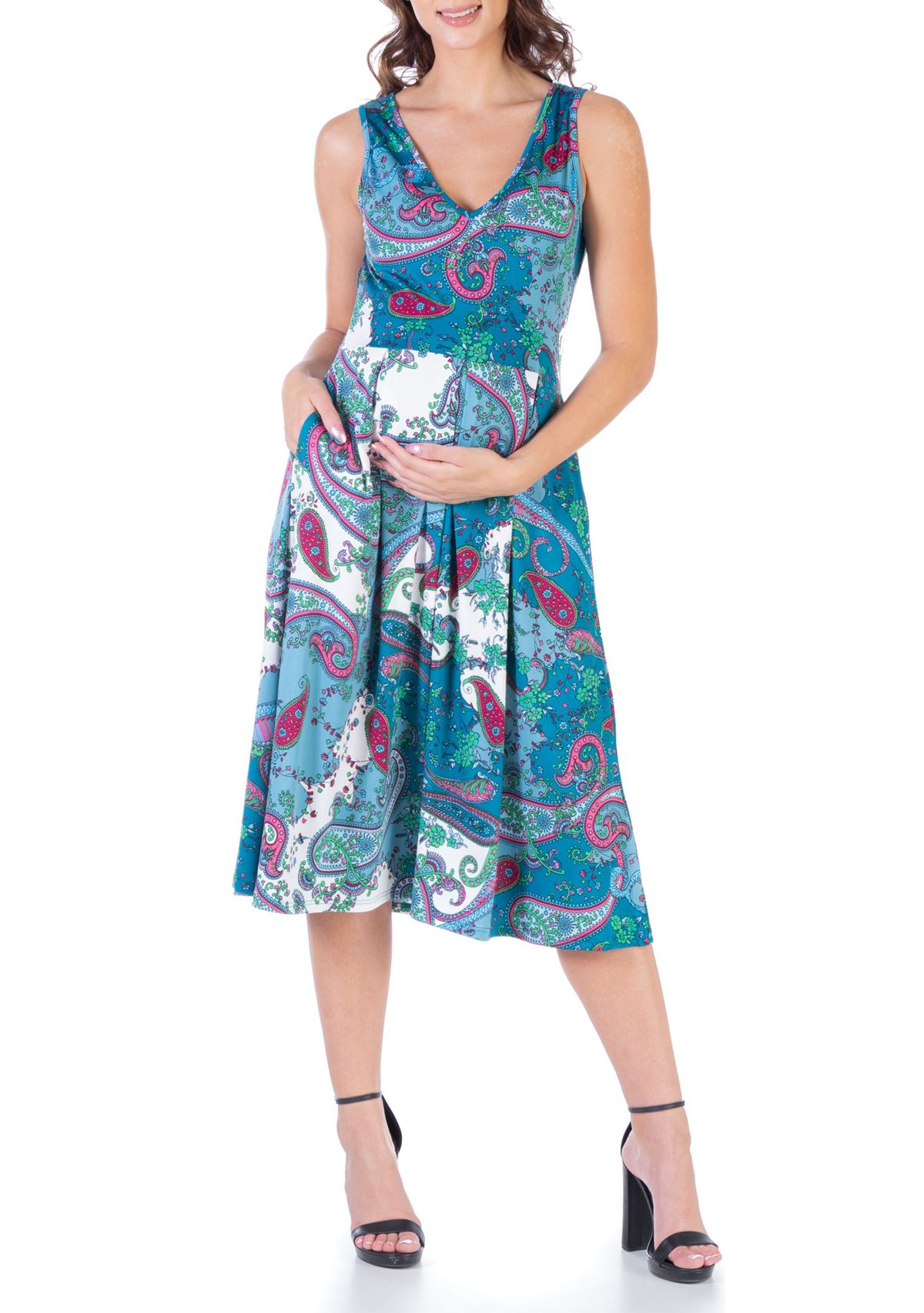 Blue Sleeveless Midi Maternity Fit and Flare Pocket Dress