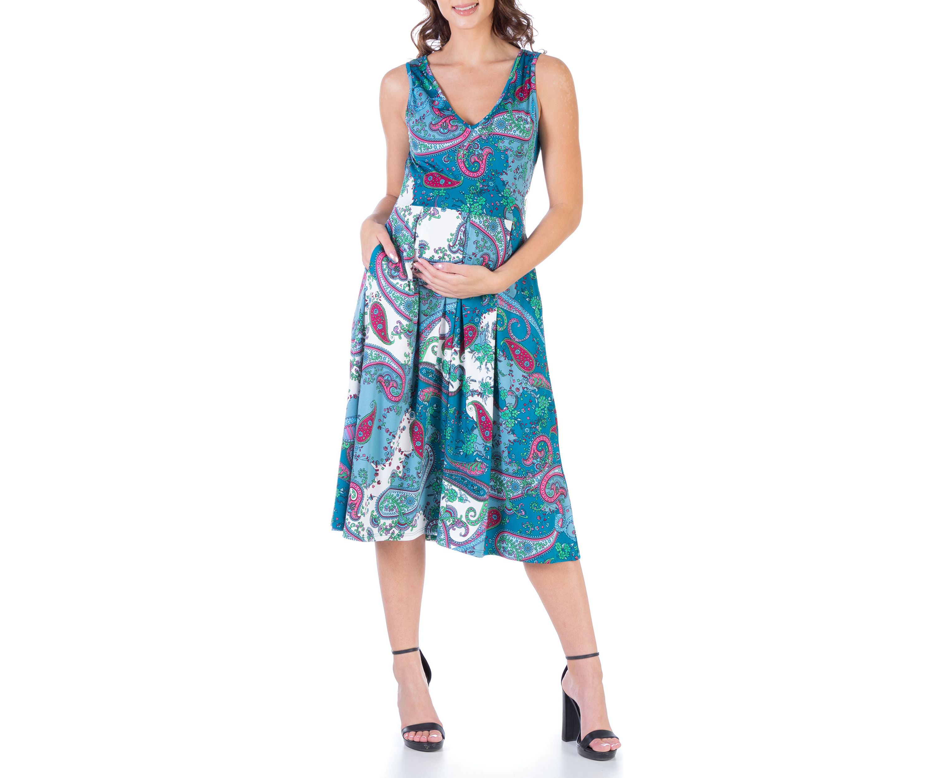 Blue Sleeveless Midi Maternity Fit and Flare Pocket Dress