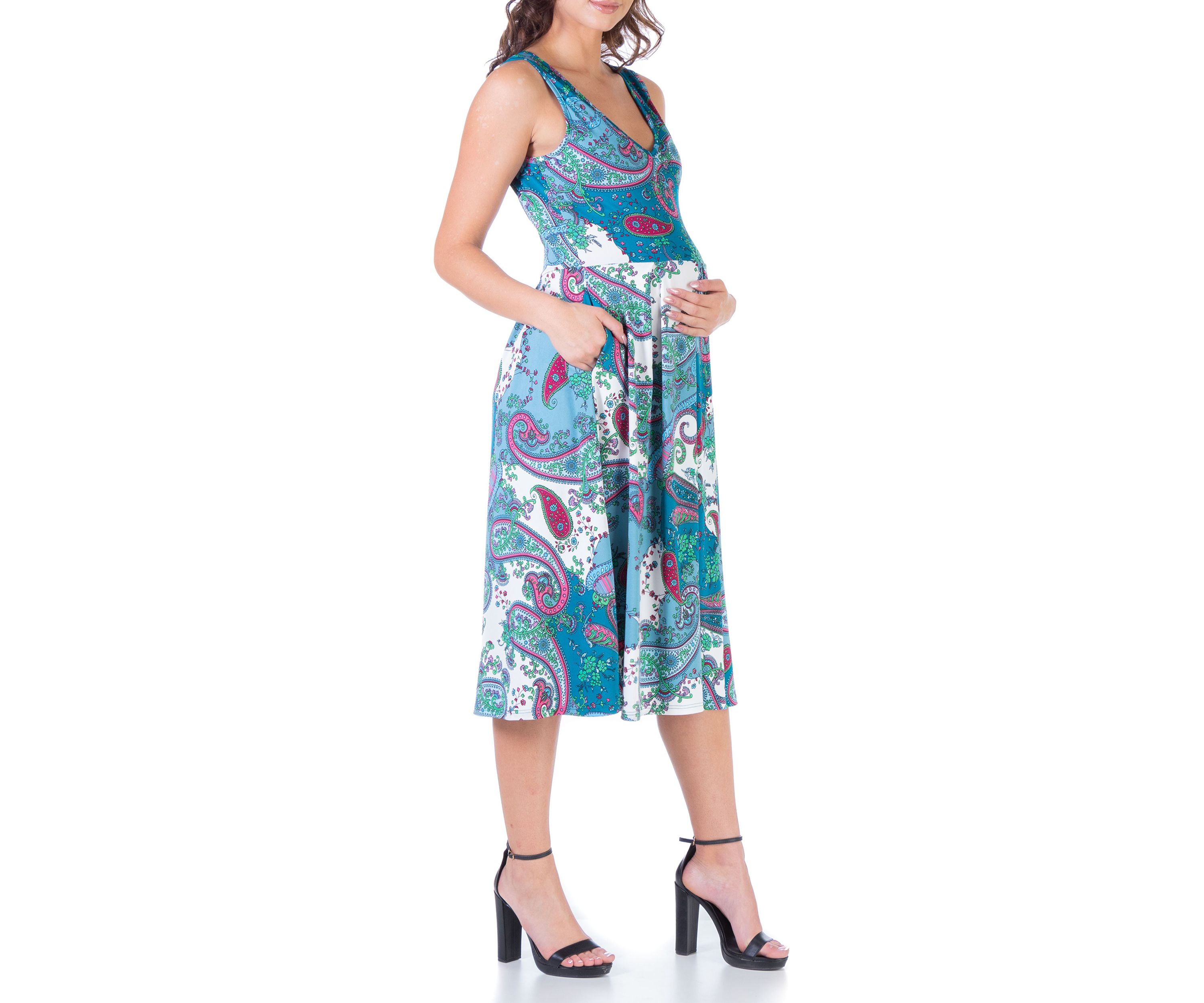 Blue Sleeveless Midi Maternity Fit and Flare Pocket Dress