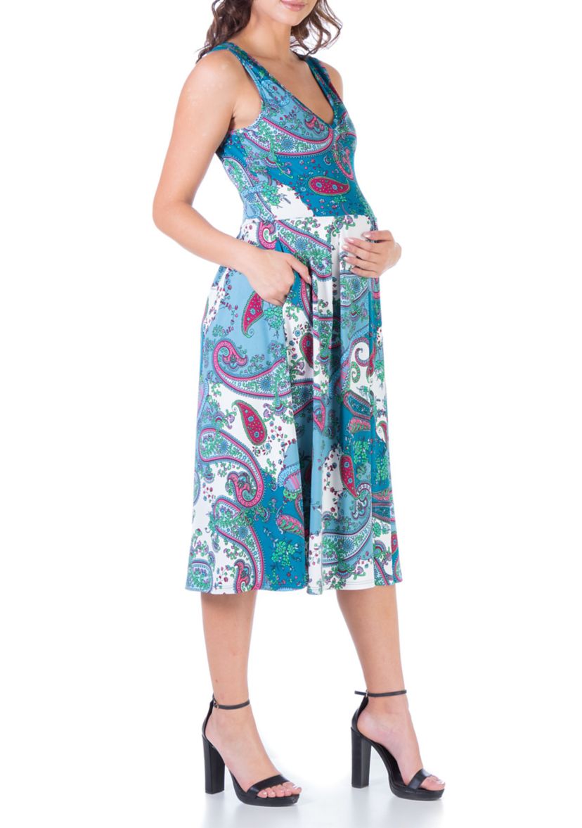 Blue Sleeveless Midi Maternity Fit and Flare Pocket Dress