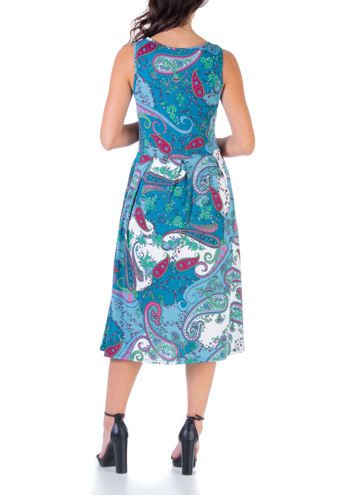 Blue Sleeveless Midi Maternity Fit and Flare Pocket Dress