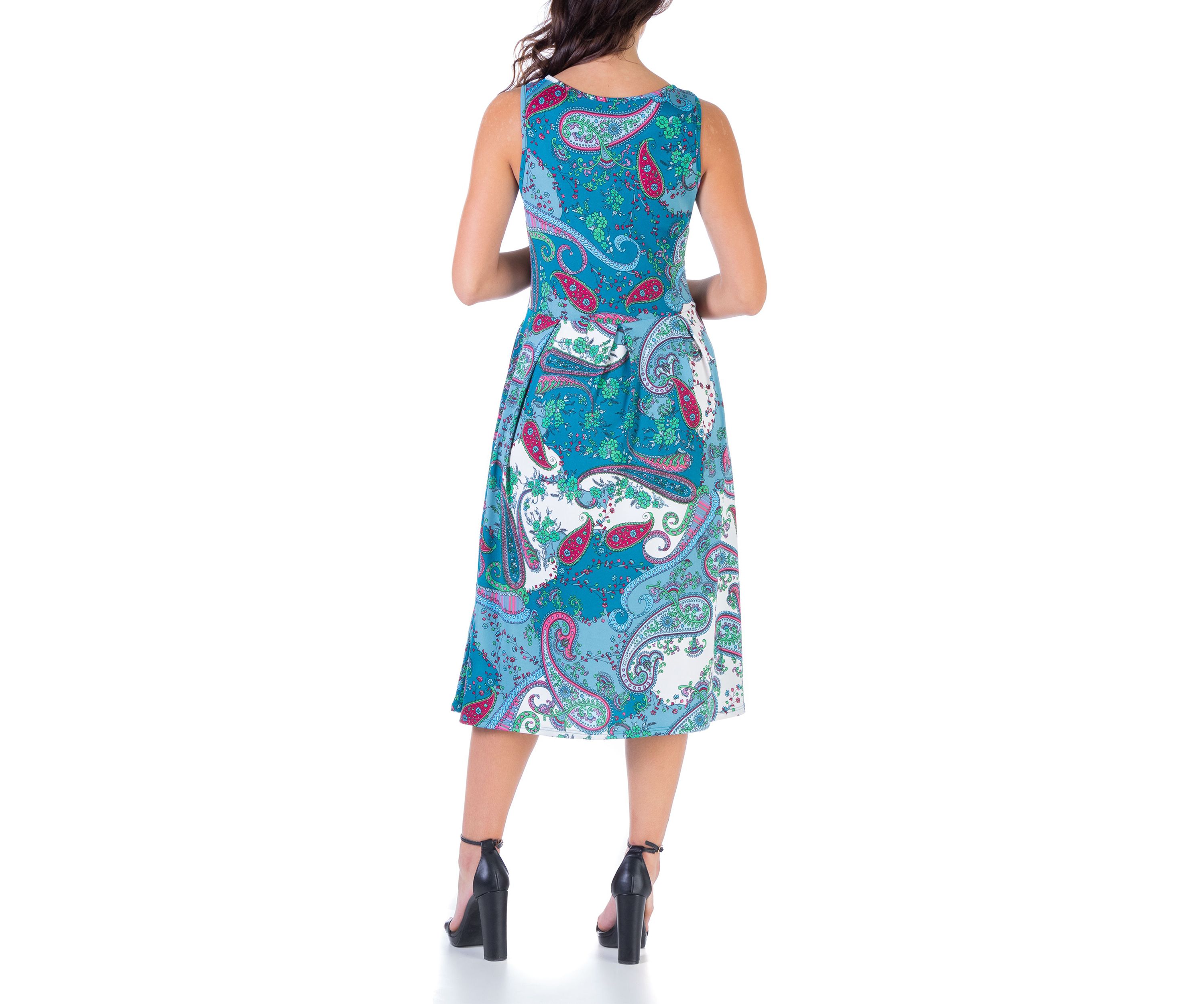 Blue Sleeveless Midi Maternity Fit and Flare Pocket Dress