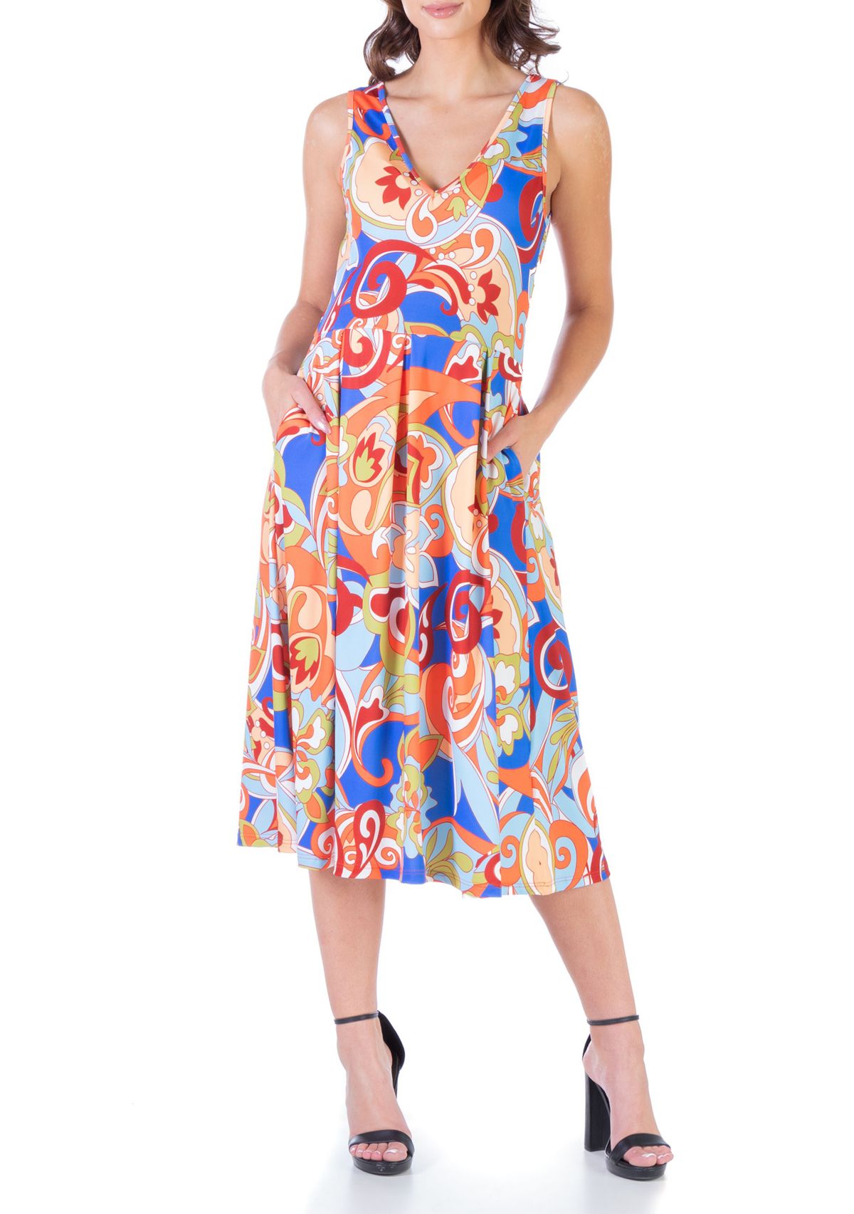 Multicolor Maternity Midi Maternity Fit and Flare Pocket Dress