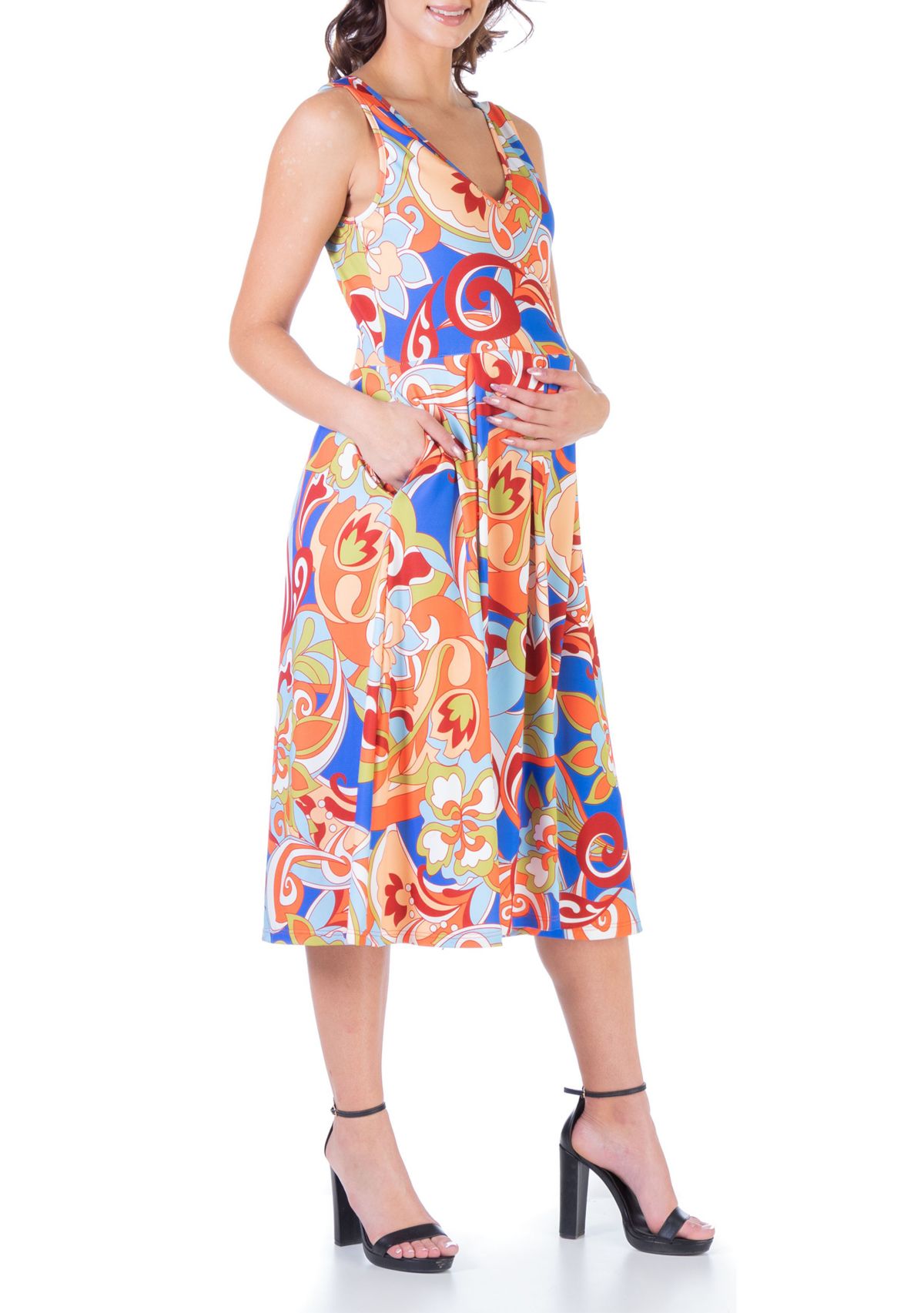 Multicolor Maternity Midi Maternity Fit and Flare Pocket Dress