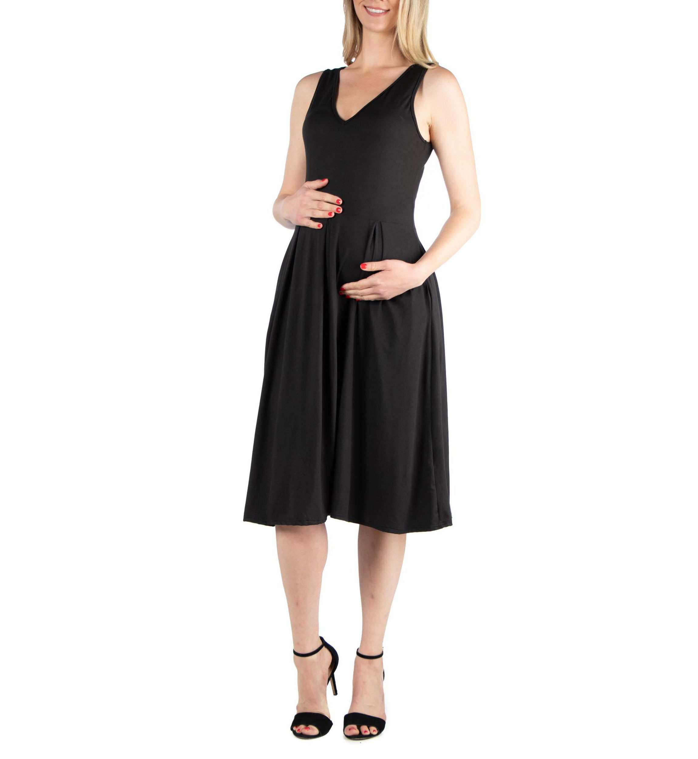 Fit and Flare Sleeveless Maternity Midi Dress with Pockets