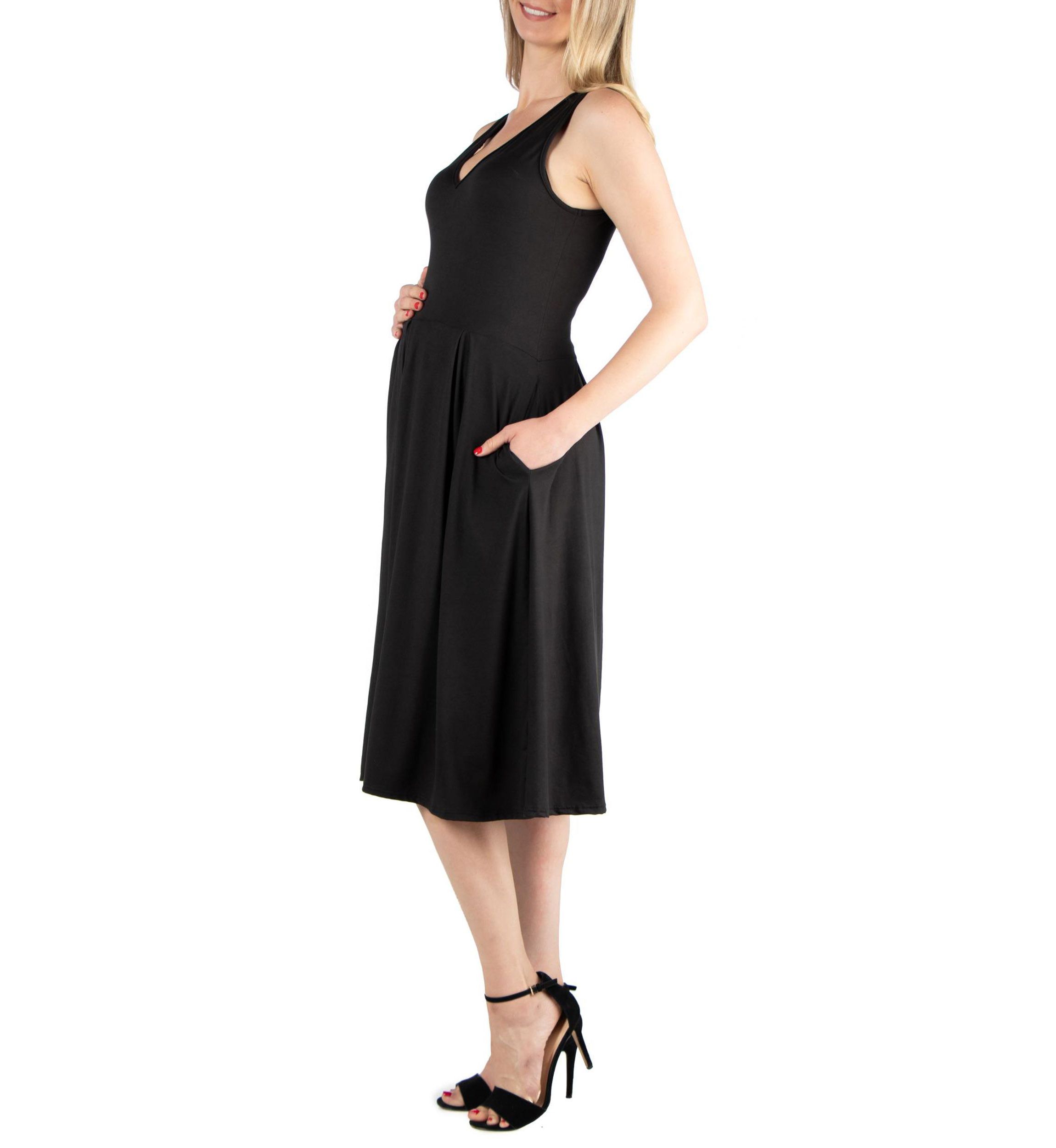 Fit and Flare Sleeveless Maternity Midi Dress with Pockets