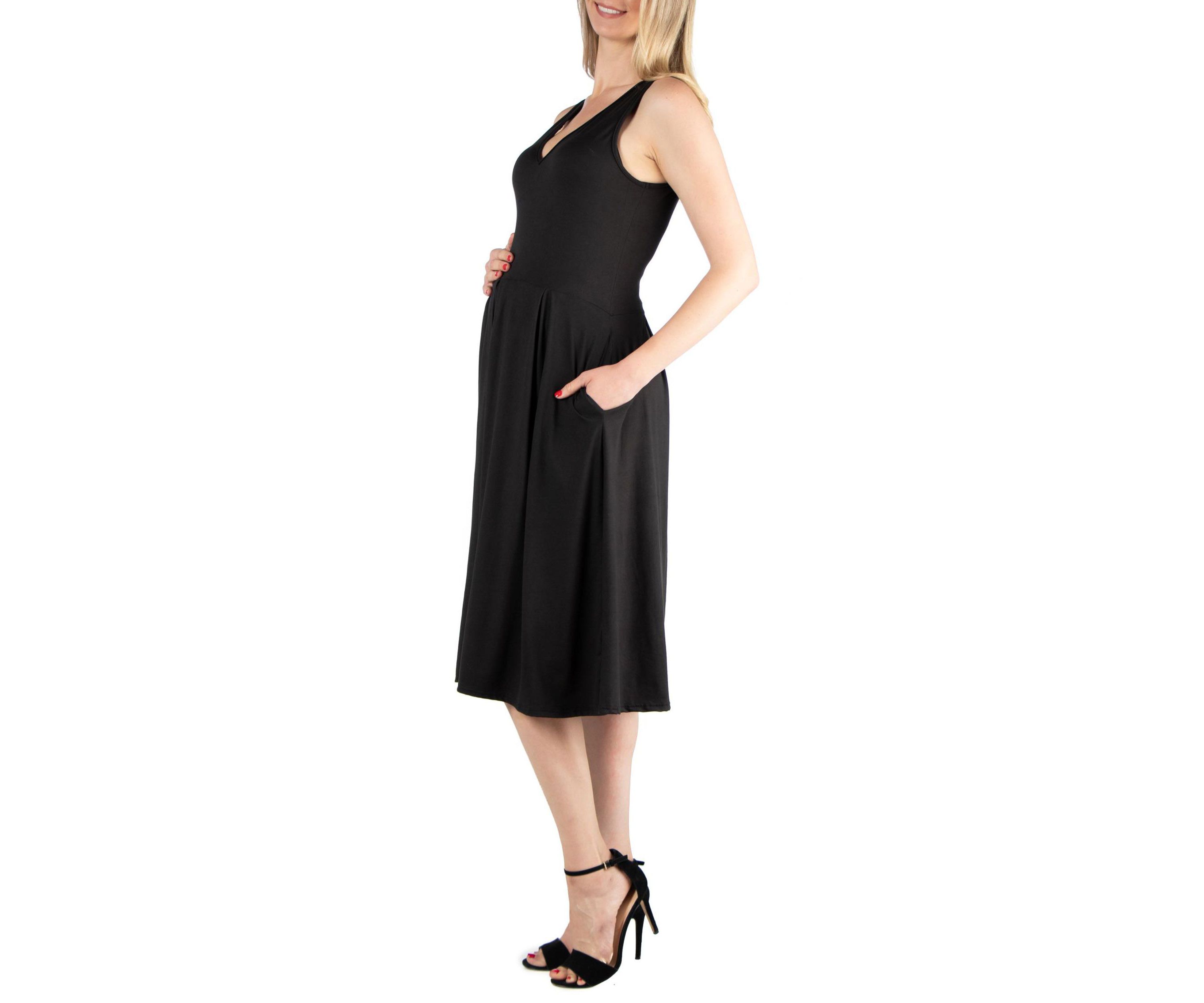 Fit and Flare Sleeveless Maternity Midi Dress with Pockets
