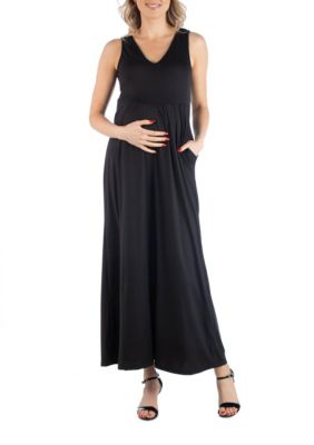 24seven Comfort Apparel Women's Maxi Maternity Sleeveless Dress with Pockets, Black, Small