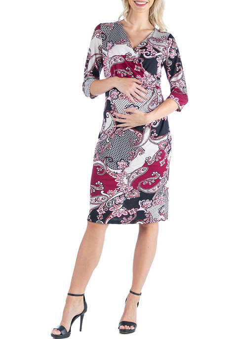  Maternity V-Neck Red Knee Length Wrap Dress