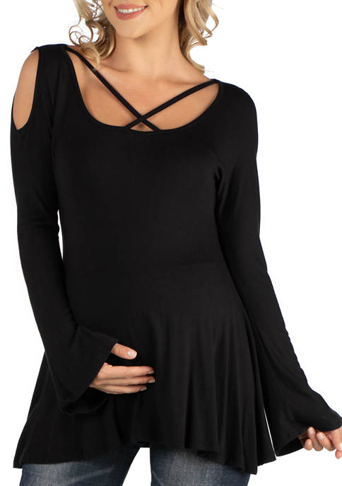 Maternity Long Sleeve Strappy Neck Flared  Tunic Top