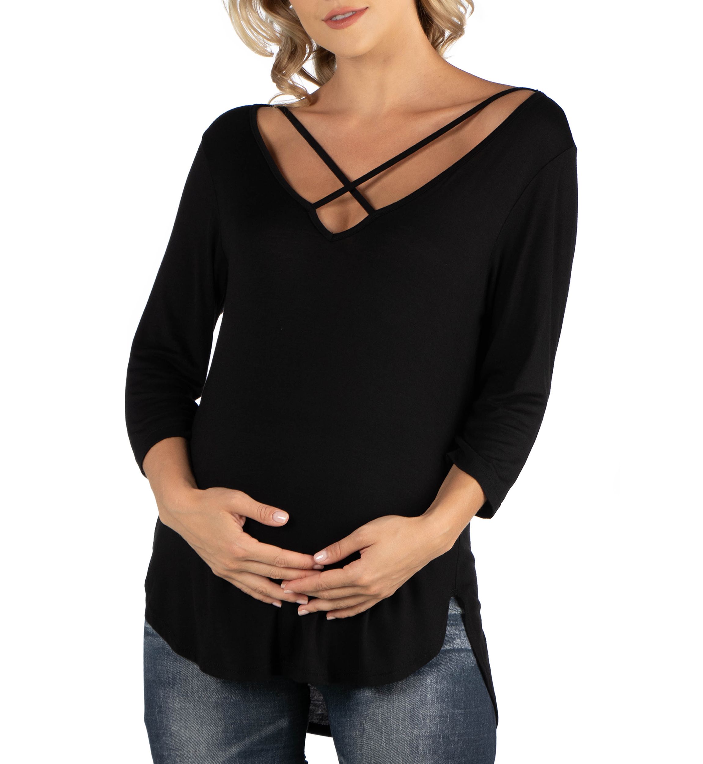 Maternity V-Neck 3/4 Sleeve Strappy Tunic Top