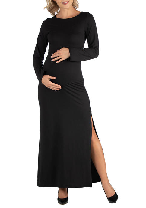 Womens Maternity Form Fitting Long Sleeve Side Slit Maxi Dress