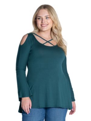 24seven Comfort Apparel Women's Plus Size Criss Cross Cold Shoulder Top
