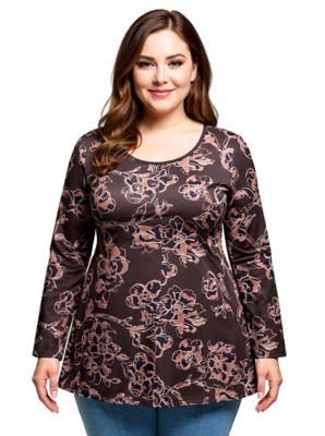 24seven Comfort Apparel Womens Plus Size Brown Floral Print Long Sleeve Tunic Top