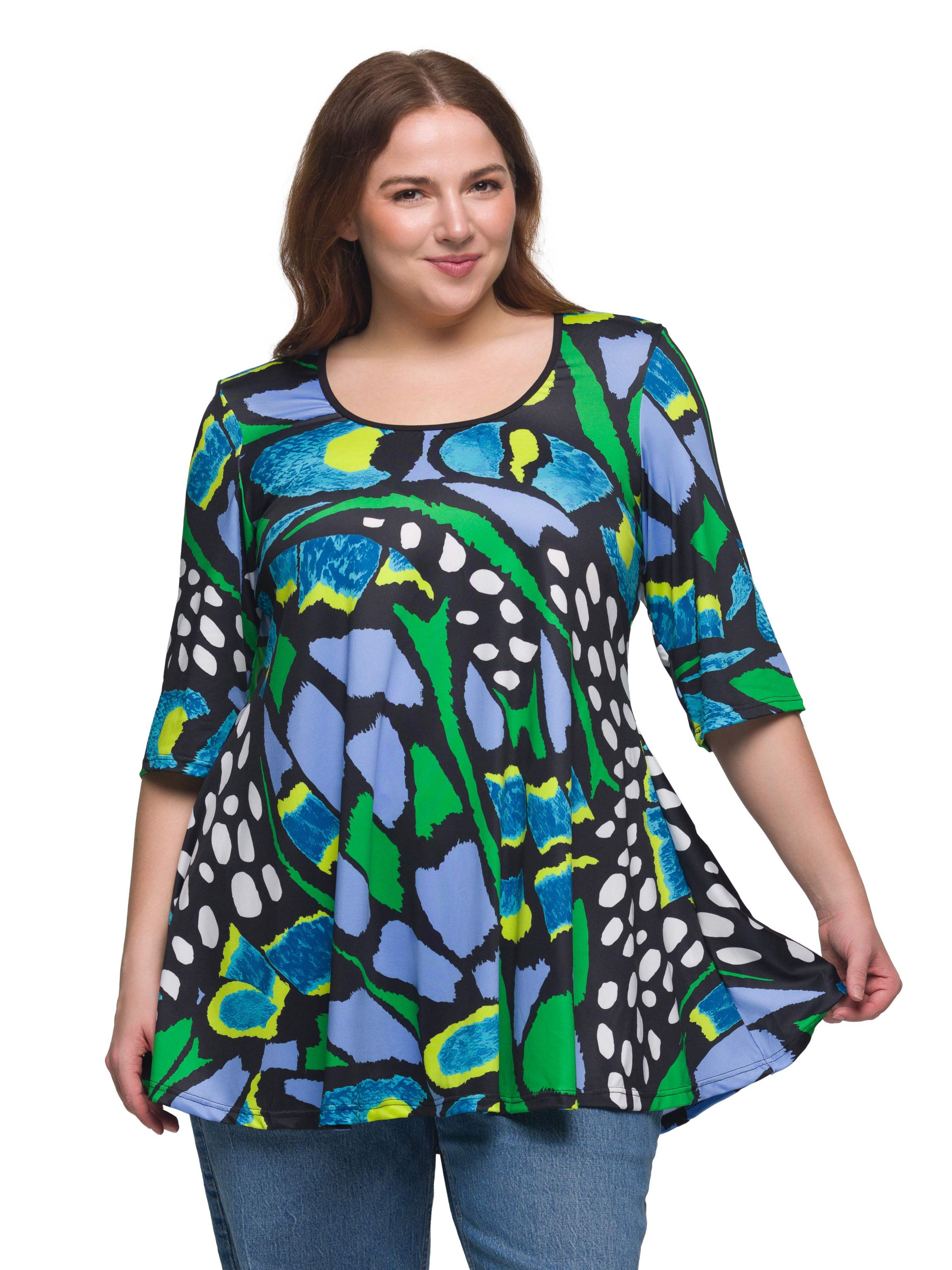 Plus Size Blue Butterfly Print Elbow Sleeve Casual Tunic Top