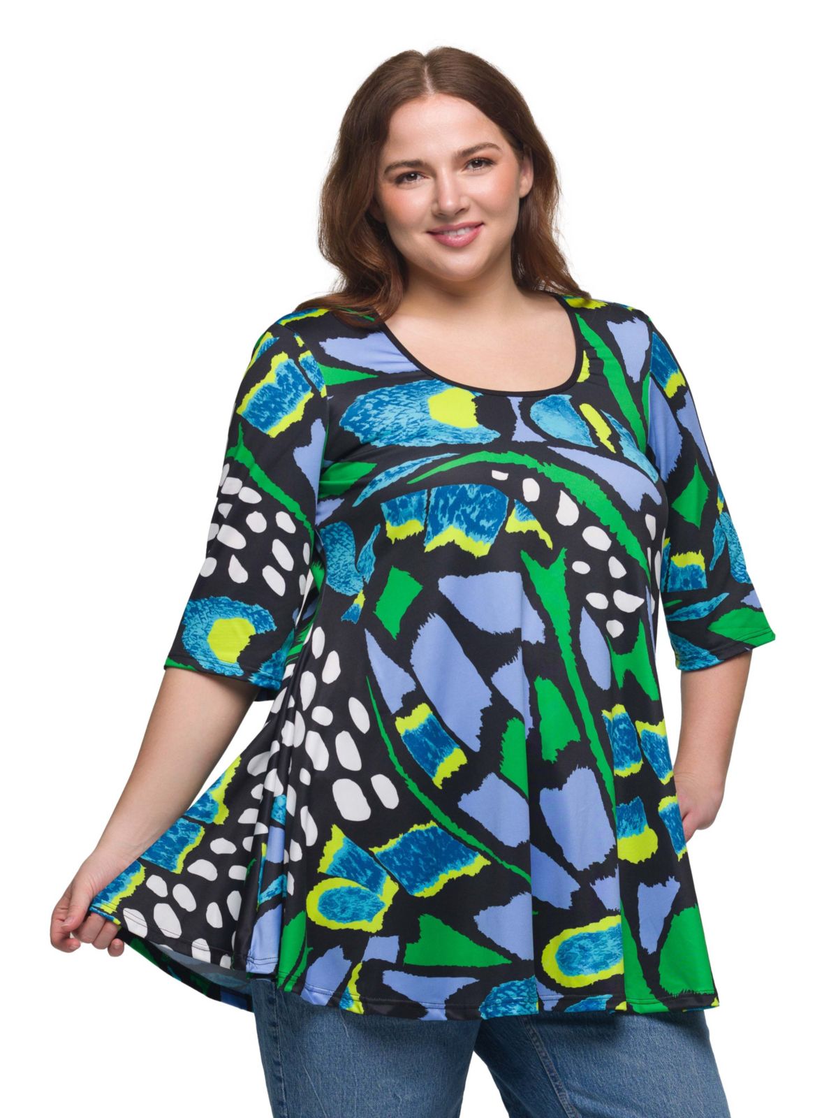 Plus Size Blue Butterfly Print Elbow Sleeve Casual Tunic Top