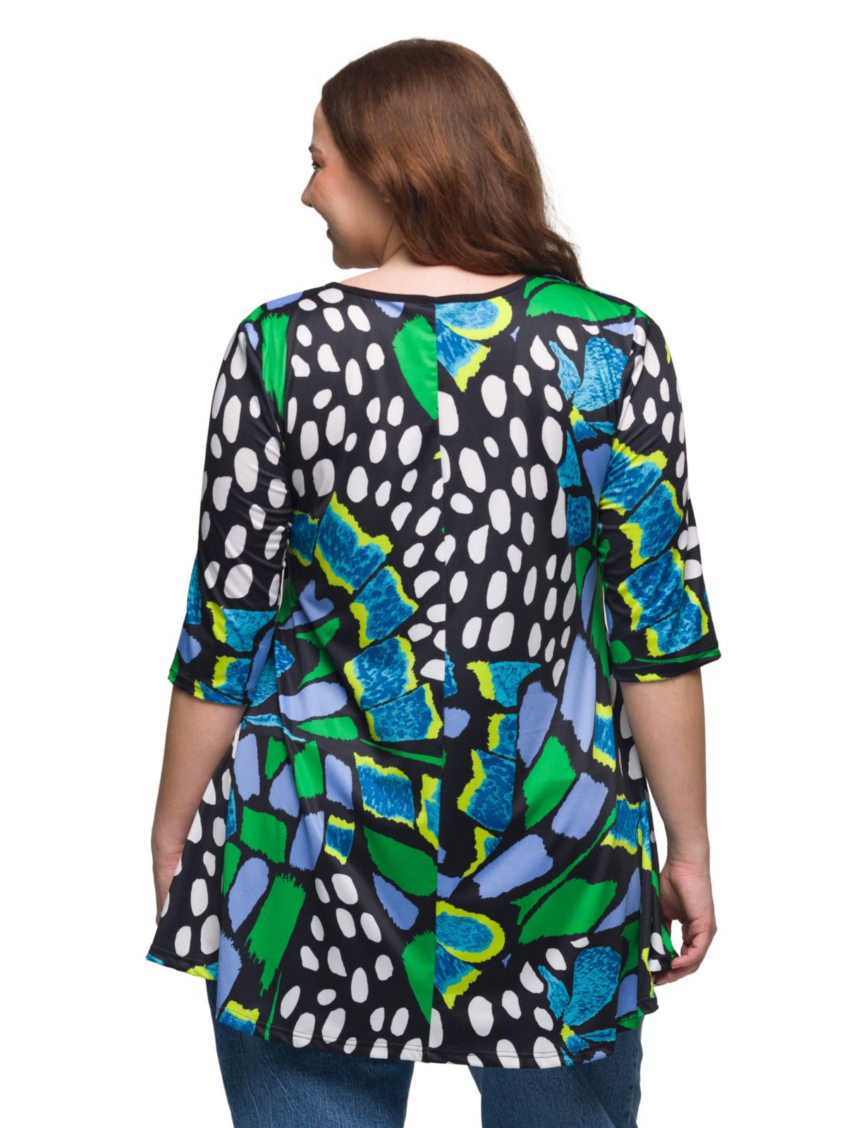 Plus Size Blue Butterfly Print Elbow Sleeve Casual Tunic Top