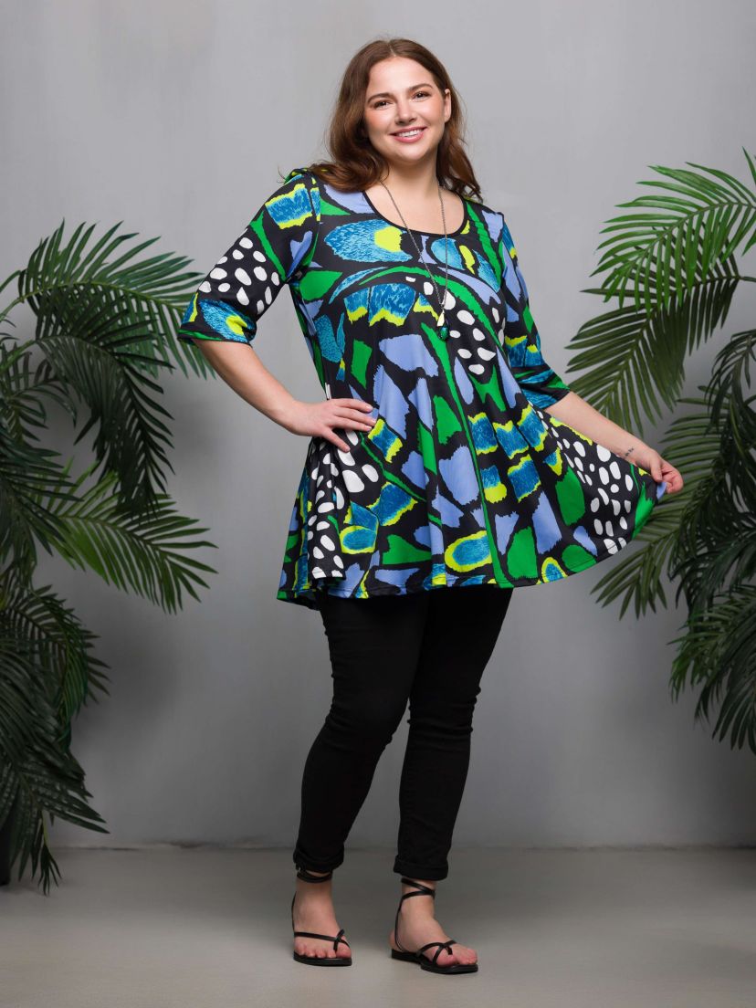 Plus Size Blue Butterfly Print Elbow Sleeve Casual Tunic Top