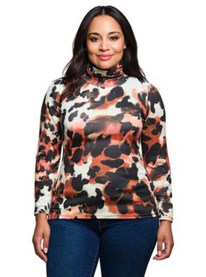 24seven Comfort Apparel Womens Plus Size Long Sleeve Turtleneck Top Animal Print