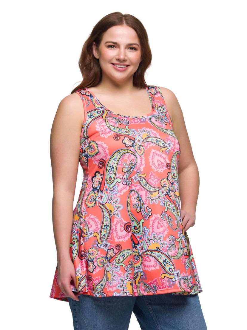 Plus Size Casual Pink Paisley Print Scoop Neck Tank Top