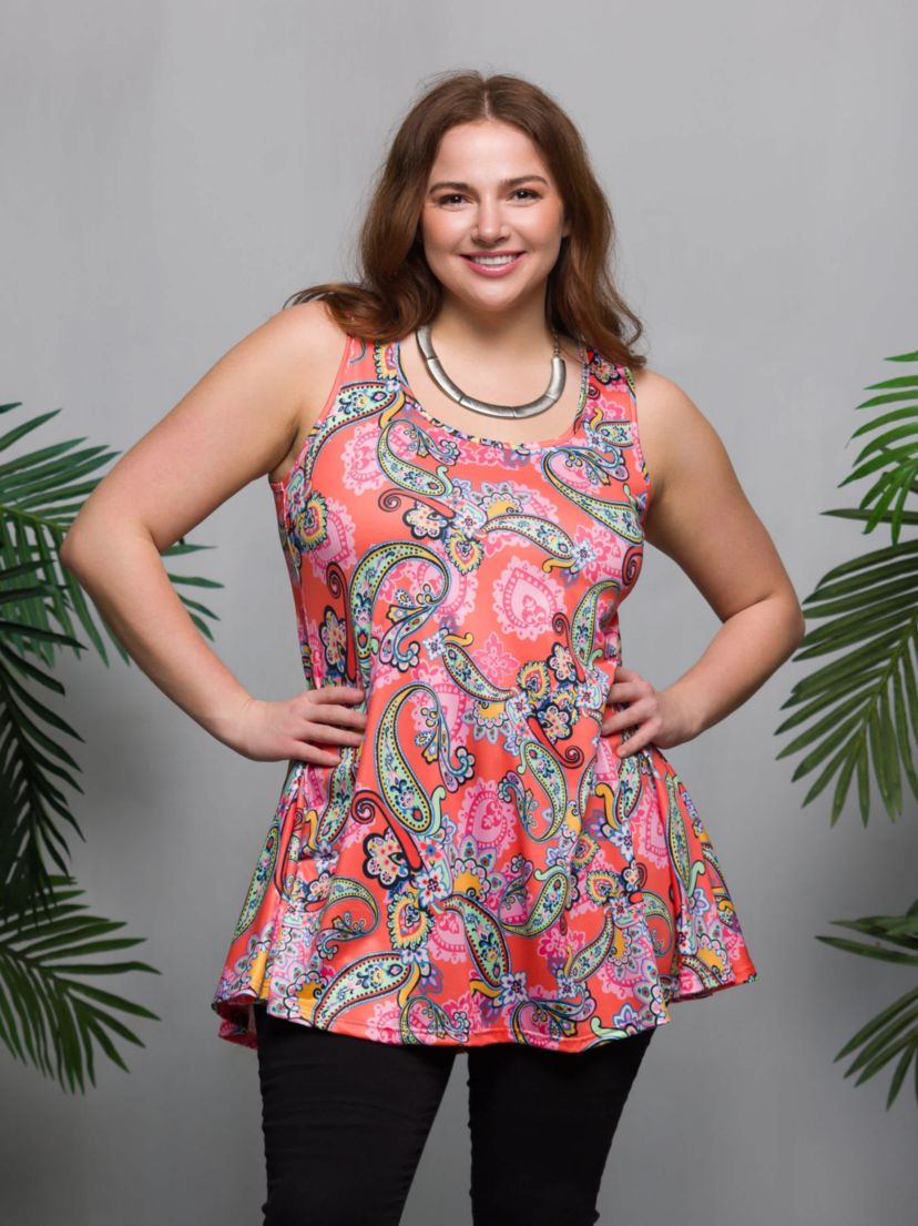 Plus Size Casual Pink Paisley Print Scoop Neck Tank Top