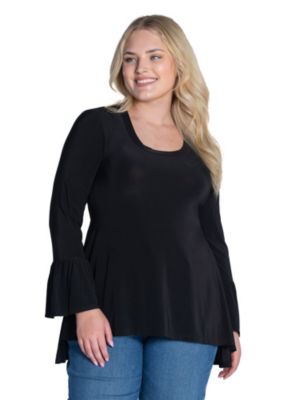 24seven Comfort Apparel Women's Plus Size Long Bell Sleeve High Low Tunic Top, Black, 3X