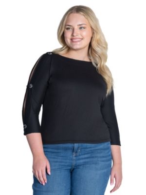 24seven Comfort Apparel Women's Plus Size 3/4 Slv Boatneck Cold Shoulder Top
