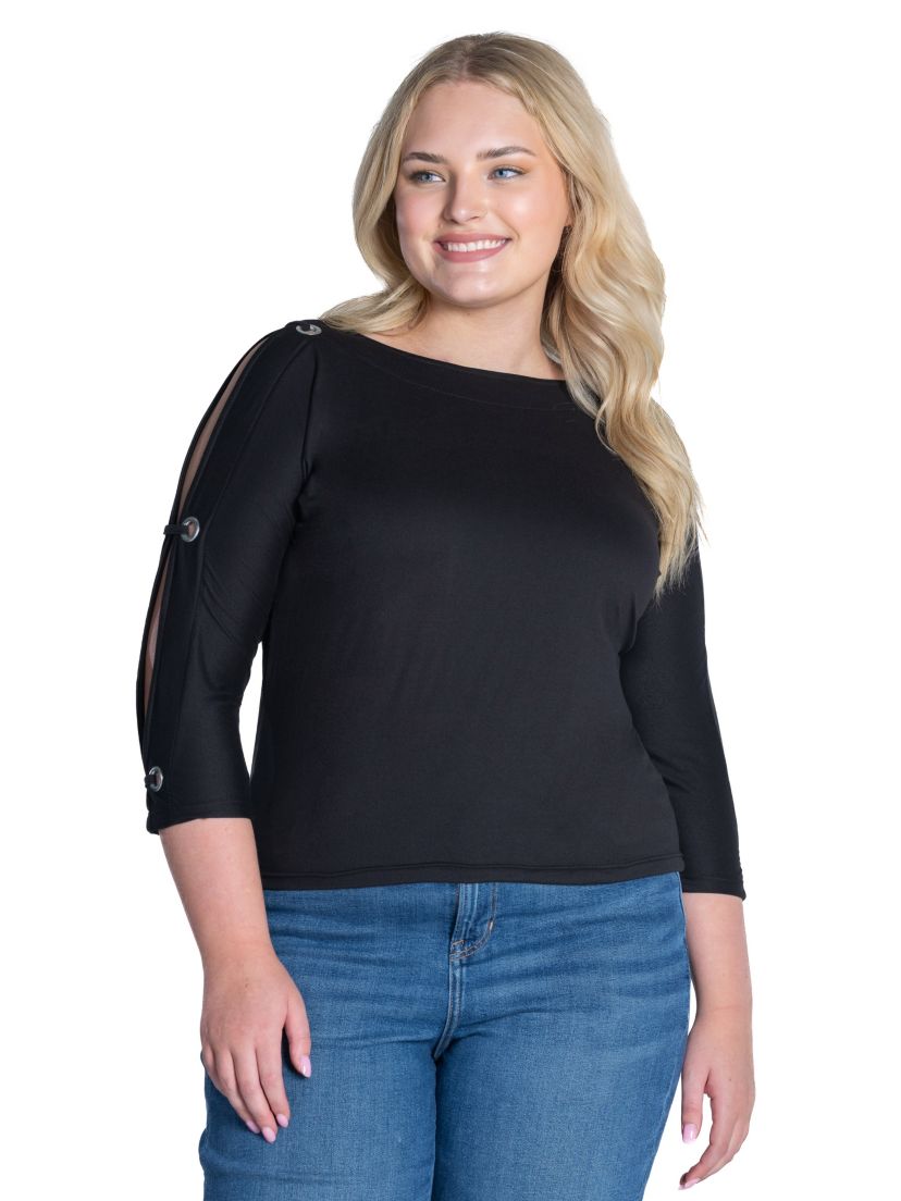 Plus Size 3/4 Slv Boatneck Cold Shoulder Top