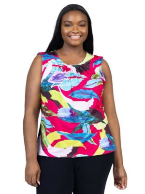 24seven Comfort Apparel Women's Plus Size Pink Pleated Crew Neckline Back Closure Sleeveless Top