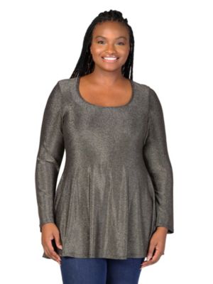 24seven Comfort Apparel Women's Plus Size Scoop Neck Long Sleeve Shimmery Fabric Tunic Top